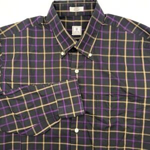 Peter Millar Button Down Mens Medium Black Purple Tan Plaid Cotton Long Sleeve